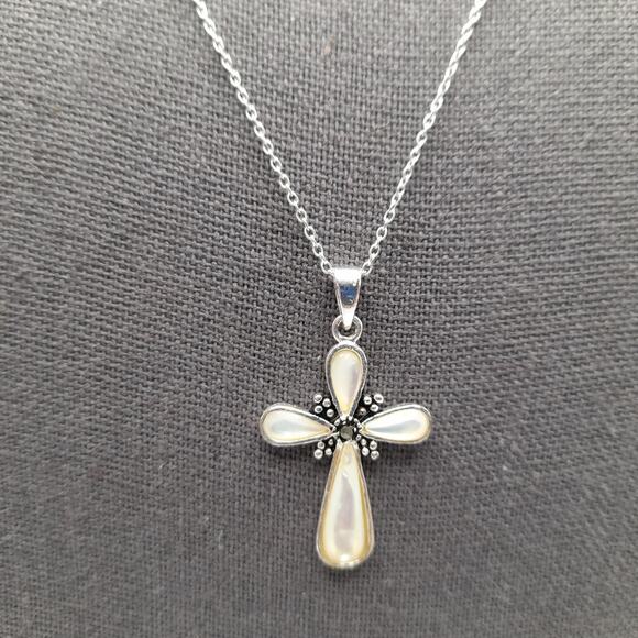 Mother of Pearl Cross Necklace, 925 Sterling Silver, Marcasite Center, 18", Thai - Picture 2 of 9